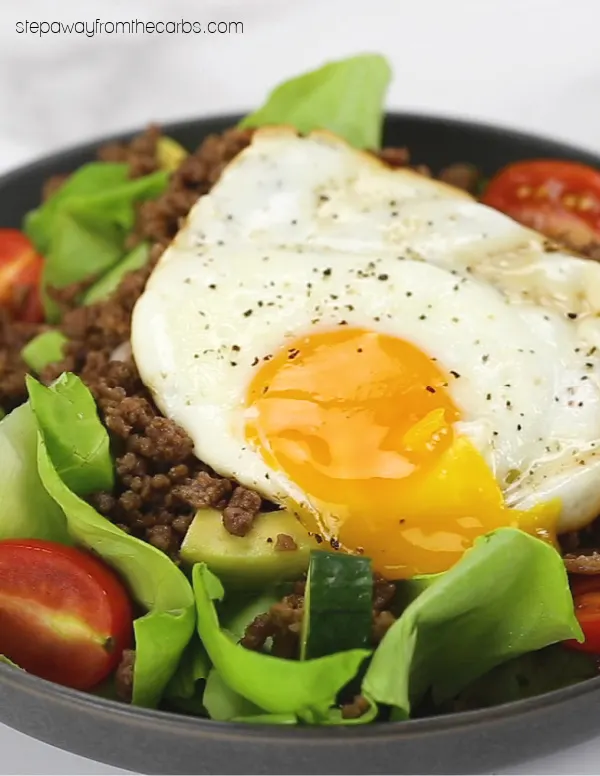 Low Carb Burger Bowls - a huge and filling burger bowl with egg and bacon!