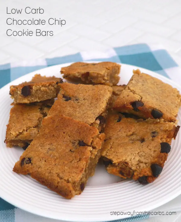 Low Carb Chocolate Chip Cookie Bars - soft and chewy treats! Keto, gluten free, and sugar free recipe.