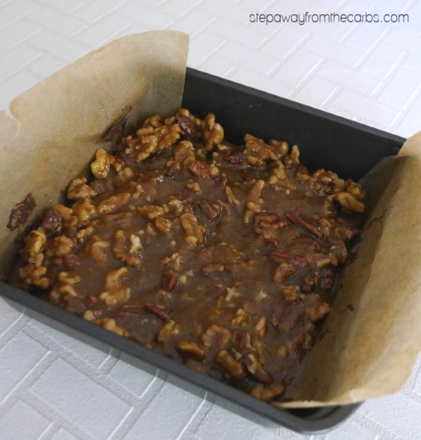 Low Carb Pecan Pie Brownies - a tasty treat for Thanksgiving! Sugar free, gluten free, and keto friendly recipe.