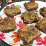 Low carb pecan pie brownies on a festive fall leaf plate