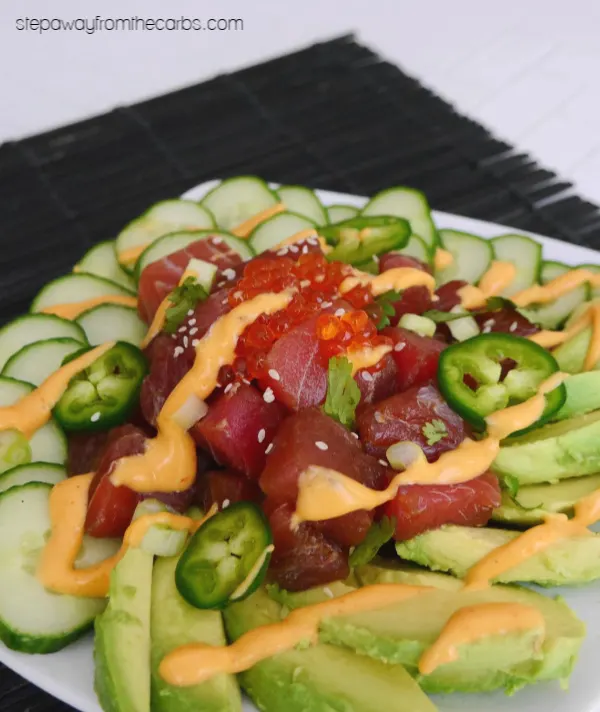 Low Carb Tuna Poke - served with cucumber, avocado, and a spicy mayo. You won't miss the rice!