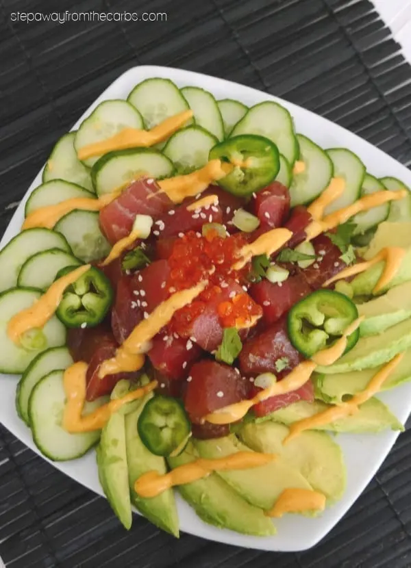 Low Carb Tuna Poke - served with cucumber, avocado, and a spicy mayo. You won't miss the rice!