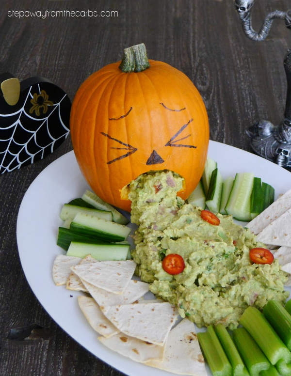 Puking Pumpkin with spicy guacamole and low carb chips. Perfect for Halloween!