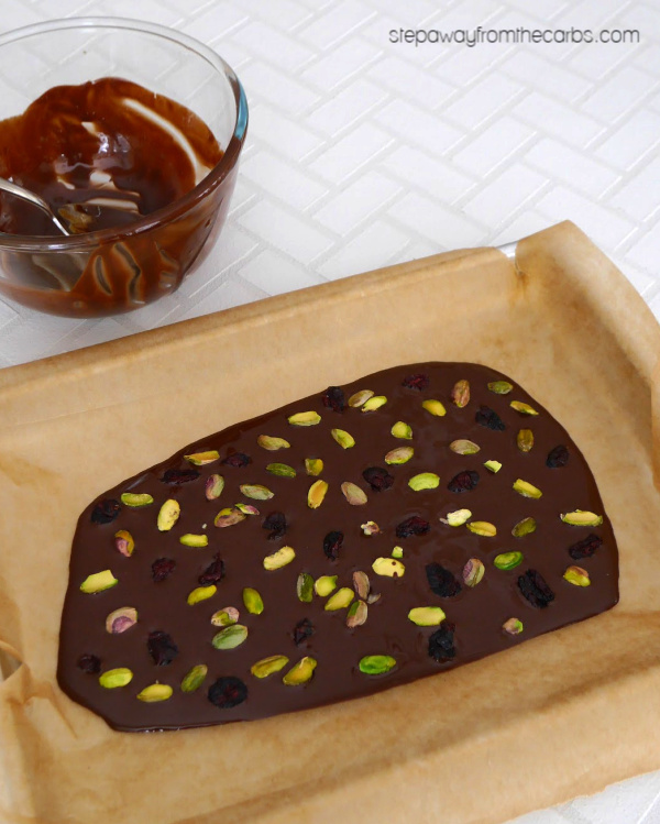Low Carb Chocolate Bark with pistachios and cranberries! A tasty sweet treat for the holidays!