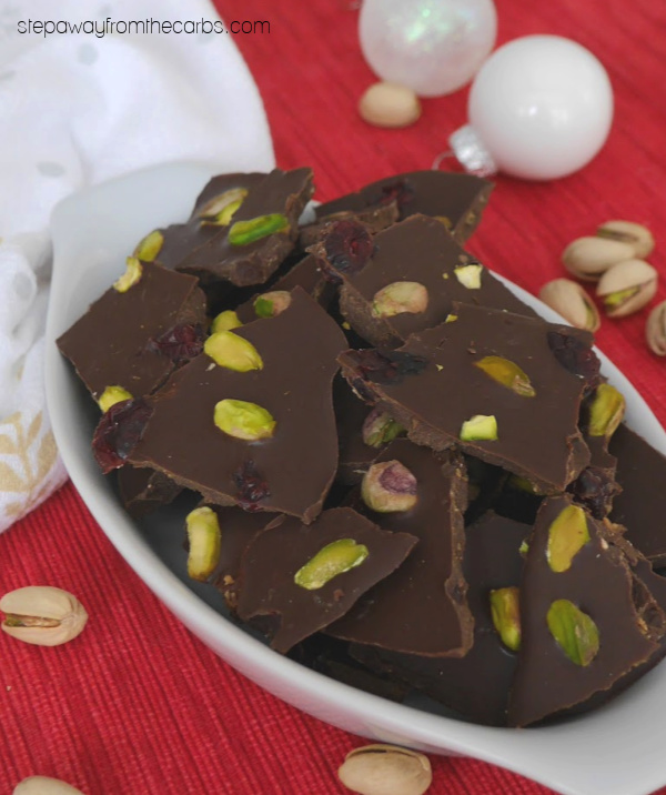 Low Carb Chocolate Bark with pistachios and cranberries! A tasty sweet treat for the holidays!