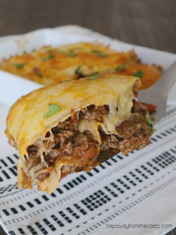 Low Carb Mexican "Lasagna" - a comfort food recipe made with ground beef, salsa, and low carb tortillas!