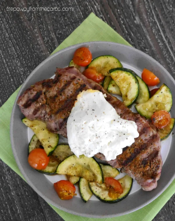 Steak with Burrata and Grilled Veggies - a delicious and easy keto and low carb meal!