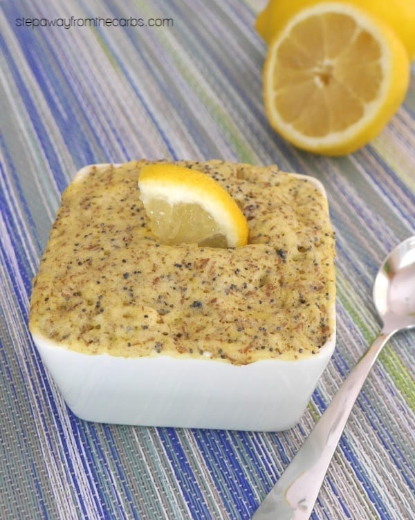 Low Carb Lemon and Poppy Seed Mug Cake - a sugar free, keto, and gluten free sweet treat or snack!