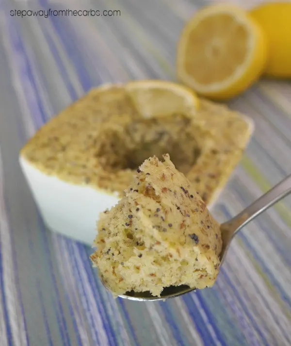 Low Carb Lemon and Poppy Seed Mug Cake - a sugar free, keto, and gluten free sweet treat or snack!