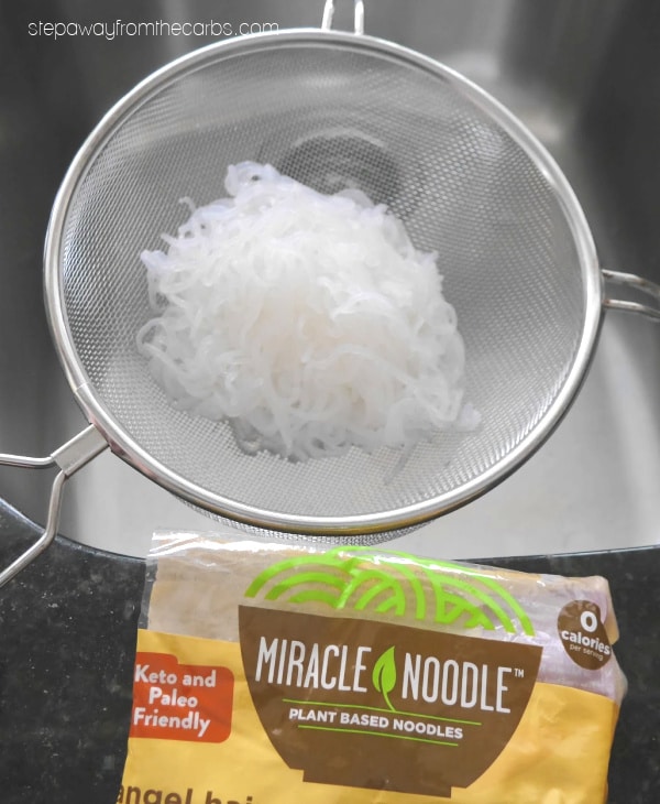 Rinsed Miracle Noodle angel hair konjac noodles draining in a sieve