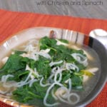 Low carb konjac noodle soup with chicken and spinach in a bowl