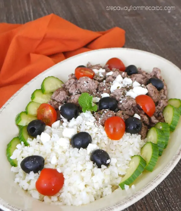 Low Carb Greek Lamb Platter - a delicious and flavorful dish with cauliflower rice, ground lamb, feta, olives, and more!