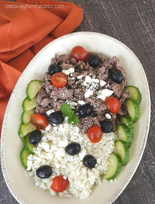 Low Carb Greek Lamb Platter - a delicious and flavorful dish with cauliflower rice, ground lamb, feta, olives, and more!