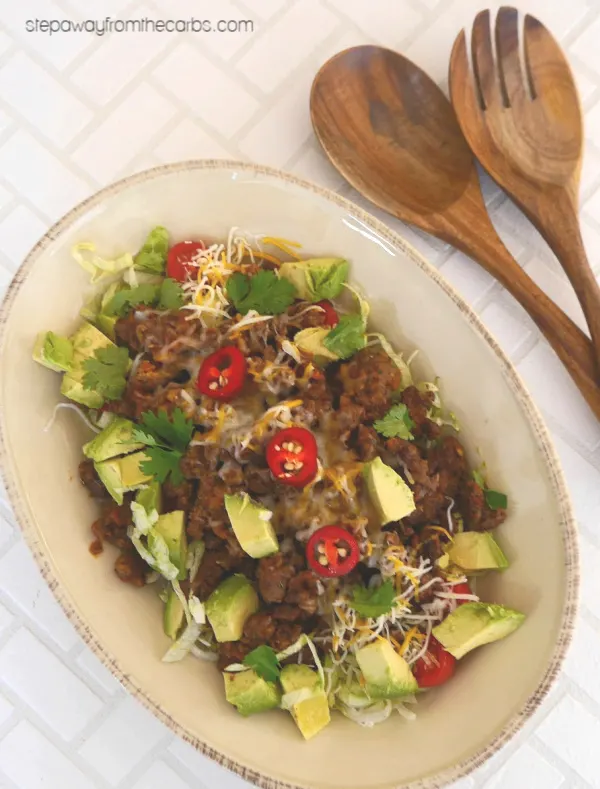 Low Carb Taco Salad - ground beef, avocado, salsa, lettuce, cheese, and more!