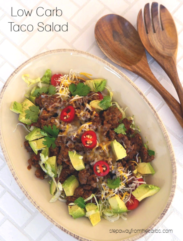 Low Carb Taco Salad - ground beef, avocado, salsa, lettuce, cheese, and more!