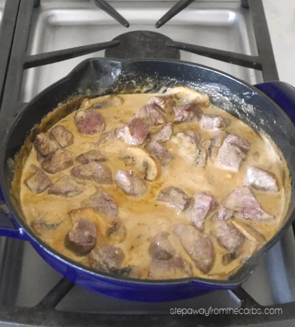 Low Carb Beef Stroganoff - a filling keto meal with steak, mushrooms, sour cream and paprika.