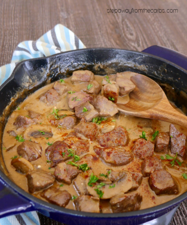 Low Carb Beef Stroganoff - a filling keto meal with steak, mushrooms, sour cream and paprika.