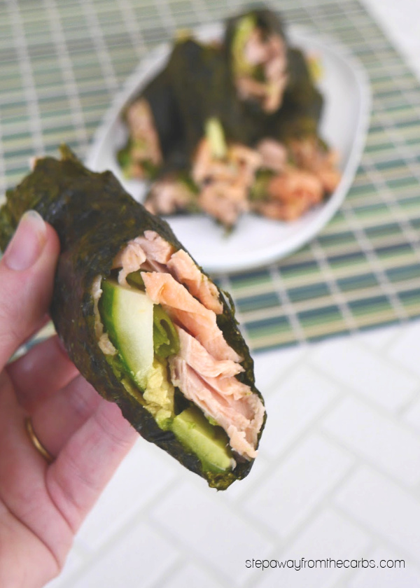 Low Carb Salmon Sushi Hand Rolls - made with cooked fish, avocado, and cucumber. Gluten free and keto.