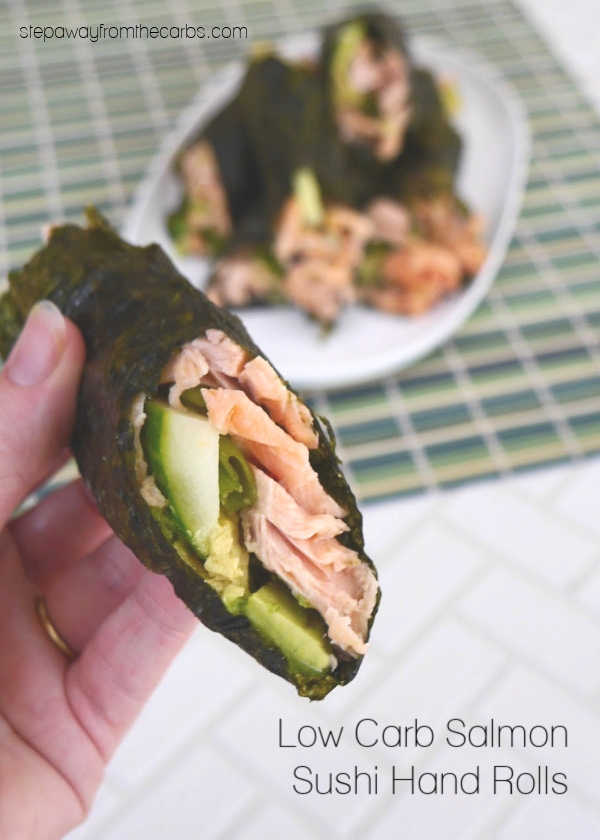 Low Carb Salmon Sushi Hand Rolls - made with cooked fish, avocado, and cucumber. Gluten free and keto.