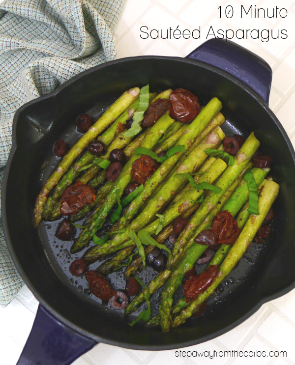 10-Minute Sautéed Asparagus - a low carb side dish recipe with sun-dried tomatoes, olives, and basil.