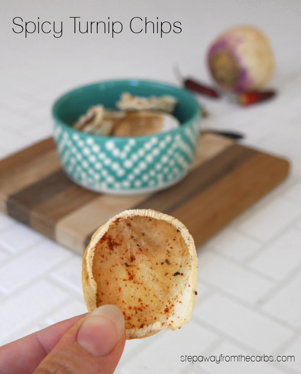 Spicy Turnip Chips - crispy baked chips with a kick! Low carb and keto friendly recipe.