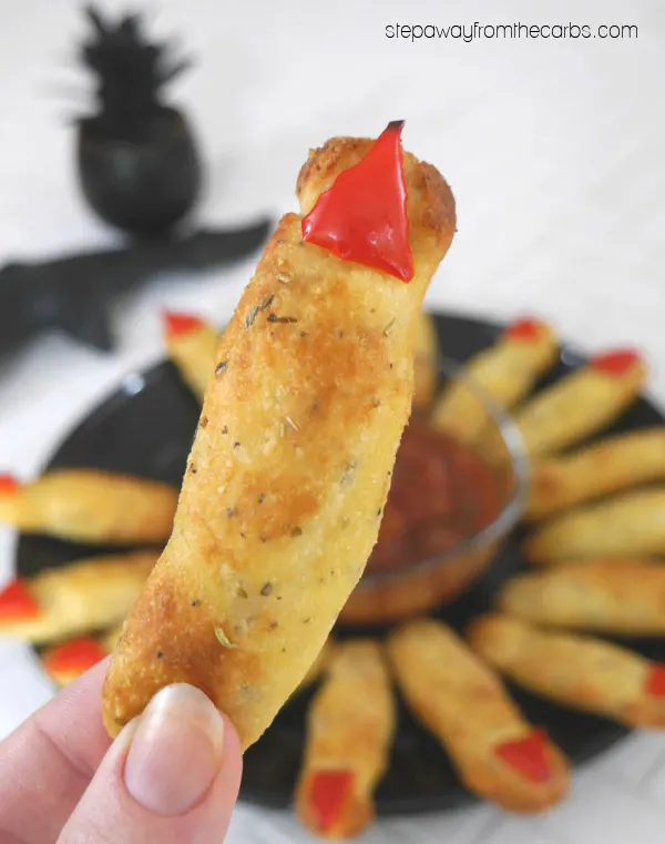 Low Carb Witch Fingers for Halloween - a fun snack made with fathead dough! Gluten free recipe.