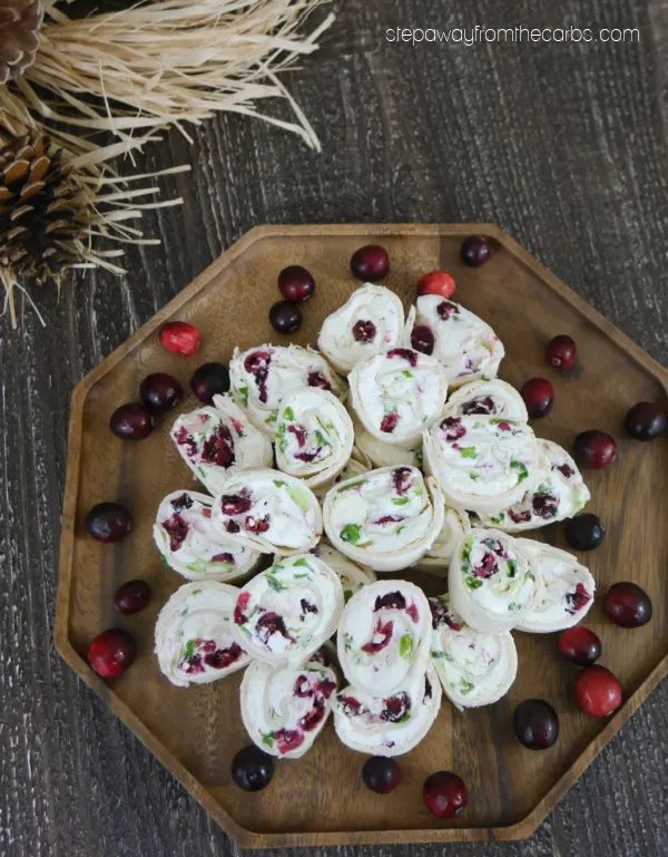 Low Carb Cranberry Pinwheels - with cream cheese, feta, and green onions. A pretty appetizer for the holidays!