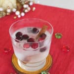 Low carb gin apple cocktail in a glass tumbler with cranberry ice cubes and a cinnamon stick on a red placemat