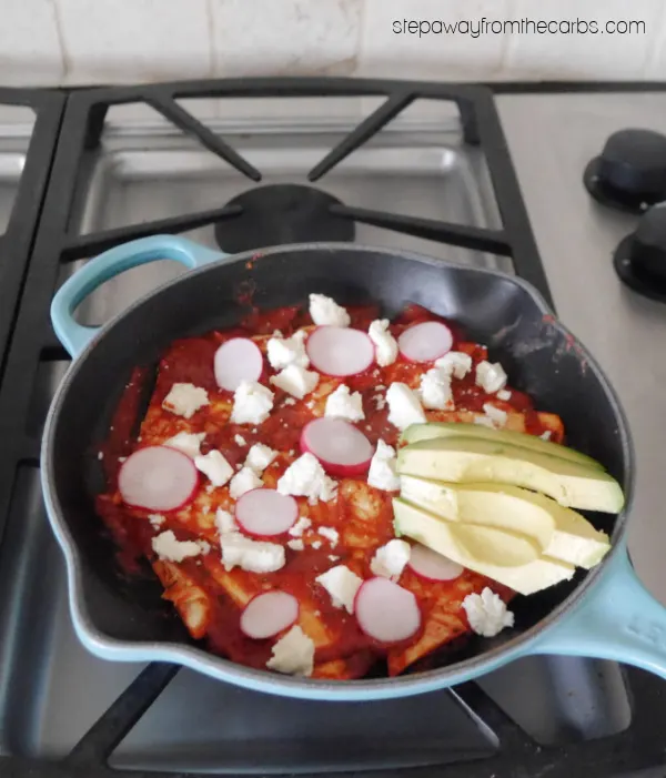 Low Carb Chilaquiles Rojos - a delicious keto brunch with tortillas, red sauce, and fried eggs