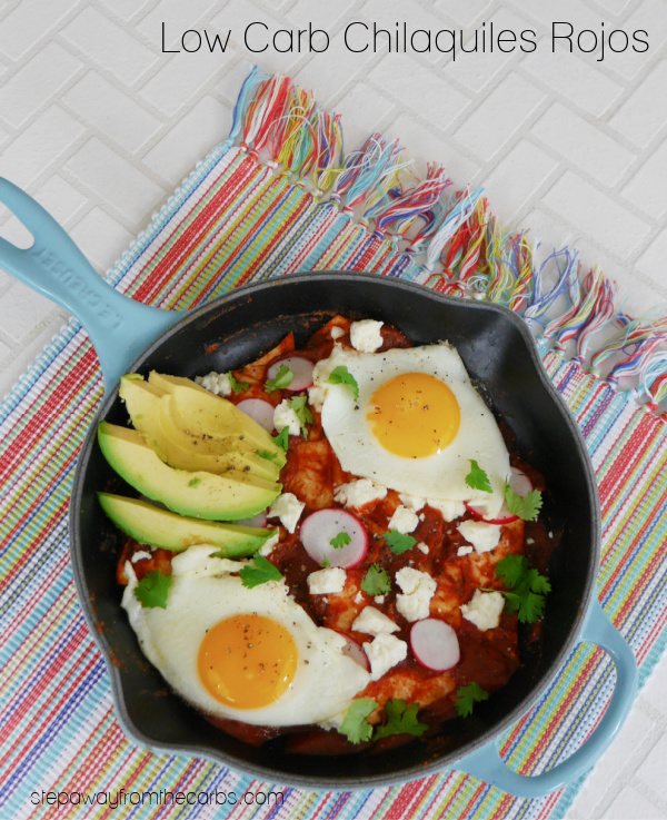 Low Carb Chilaquiles Rojos - a delicious keto brunch with tortillas, red sauce, and fried eggs