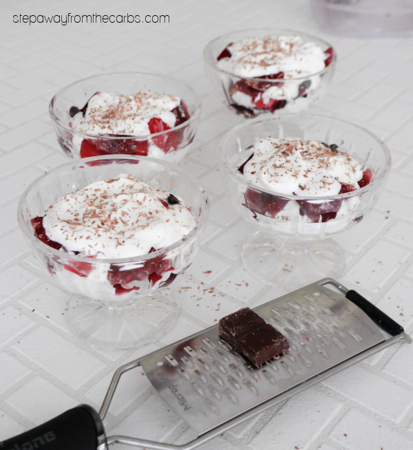 Keto Black Forest Parfait - a gorgeous dessert made from black cherry jel dessert, whipped cream, and chocolate chips
