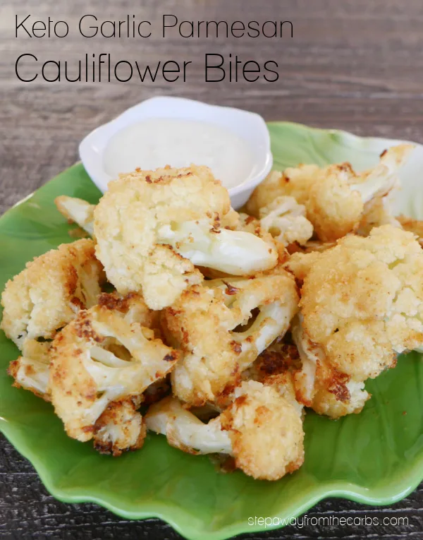 Keto Garlic Cauliflower Bites - with Parmesan and pork rind coating. Gluten free appetizer recipe!