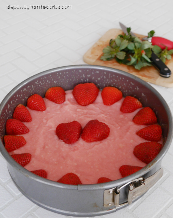 Keto Strawberry Jel Cake - a nutty base, then a layer of strawberry vanilla pudding, finished with strawberry jel