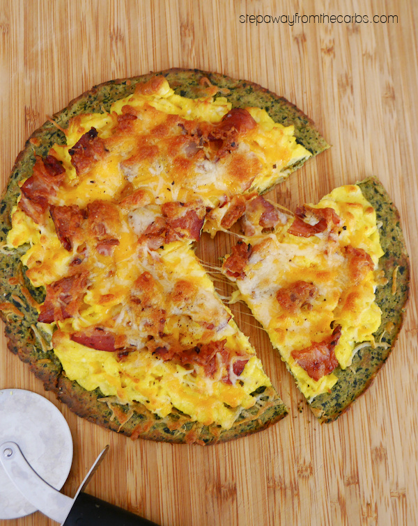Low Carb Breakfast Pizza - with scrambled eggs, bacon, and cheese on a keto-friendly crust
