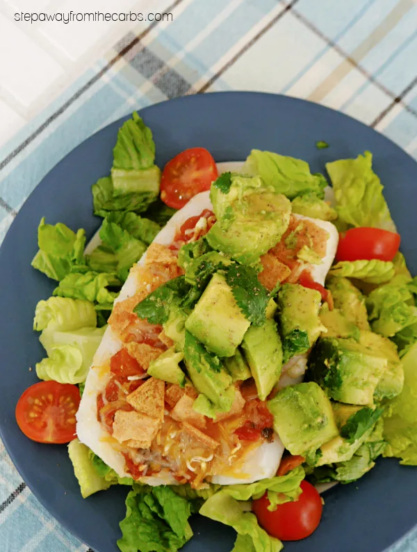Low Carb Mexican Fish - a fantastic blend of roasted cod, salsa, cheese, avocado, and tortilla chips!