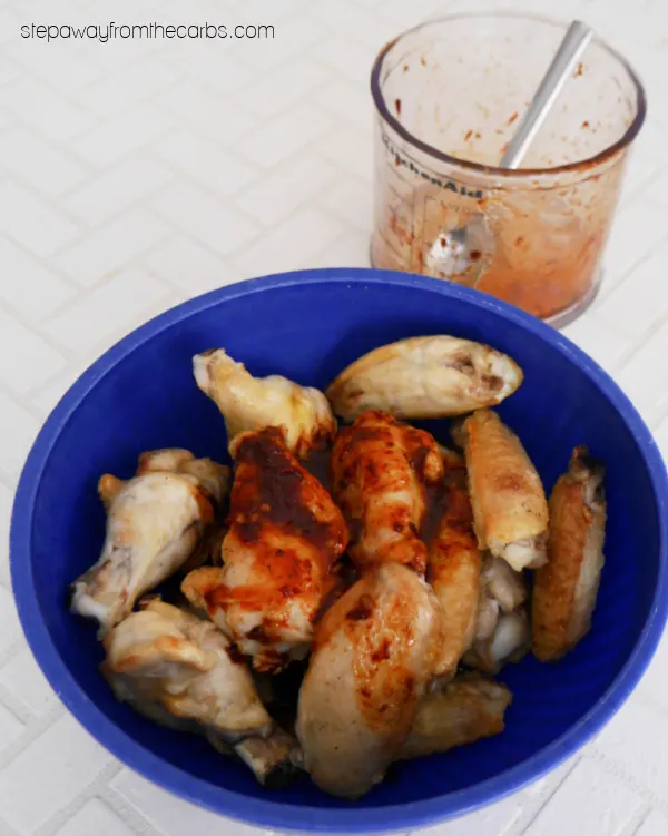 Keto Peach Chipotle Chicken Wings - a sweet and spicy appetizer recipe that is low carb and sugar free!
