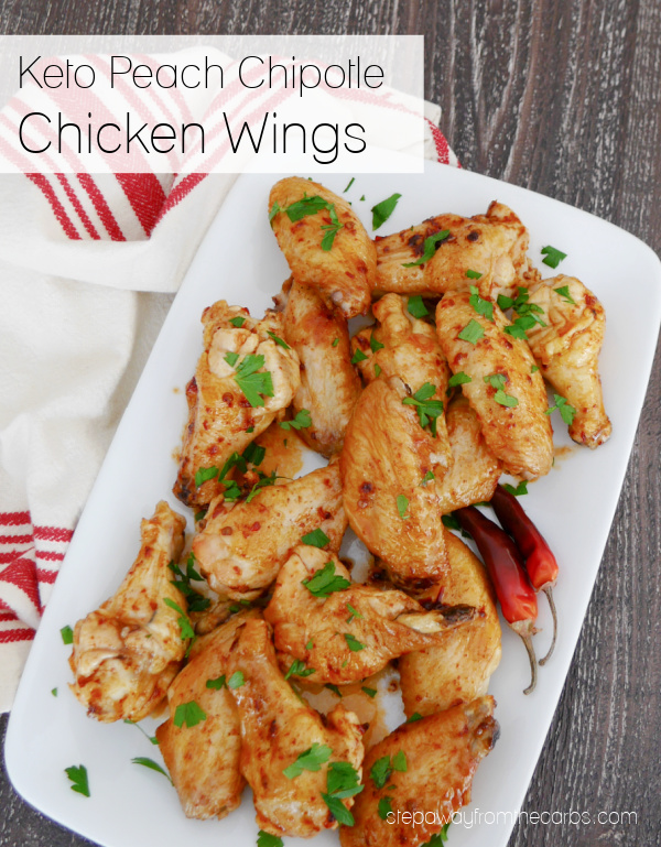 Keto Peach Chipotle Chicken Wings - a sweet and spicy appetizer recipe that is low carb and sugar free!