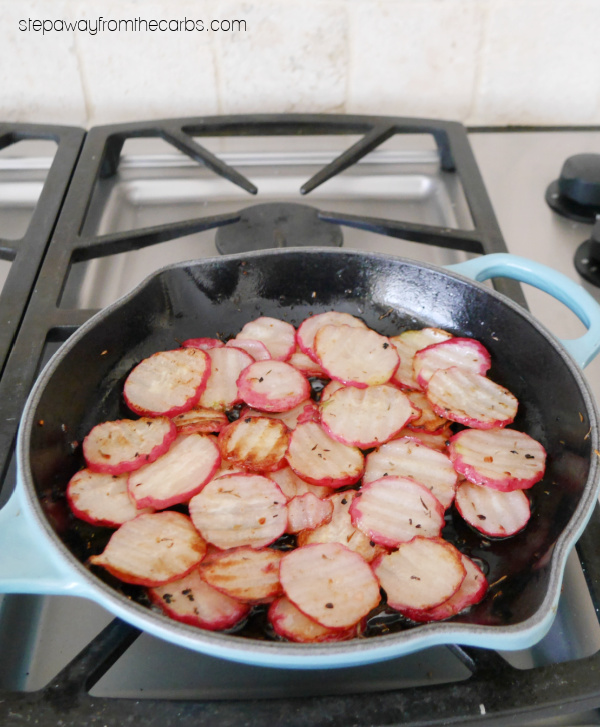 Low Carb Fried Radishes - pan fried with butter, garlic, and herbs - a tasty keto side dish recipe