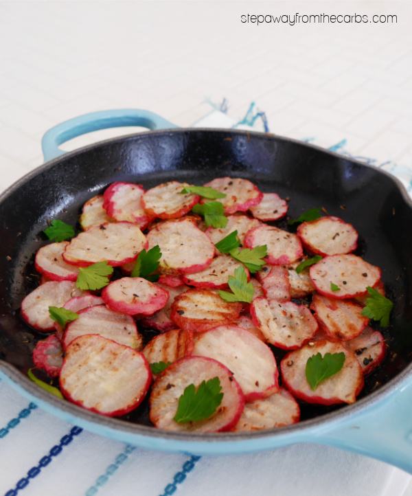 Low Carb Fried Radishes - pan fried with butter, garlic, and herbs - a tasty keto side dish recipe
