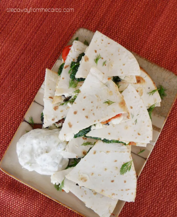 Low Carb Mediterranean Quesadillas - spinach, tomatoes, feta, black olives and more!