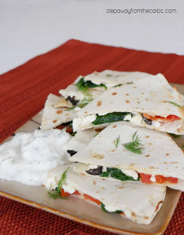 Low Carb Mediterranean Quesadillas - spinach, tomatoes, feta, black olives and more!