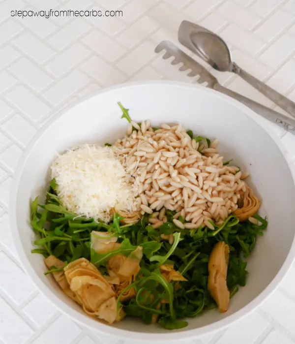 Low Carb Orzo Salad with asparagus, arugula, artichokes and a simple lemon dressing