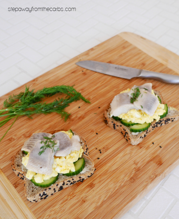 Low Carb Smørrebrød - a Scandinavian recipe with pickled herrings, egg salad, and cucumber on low carb bread!