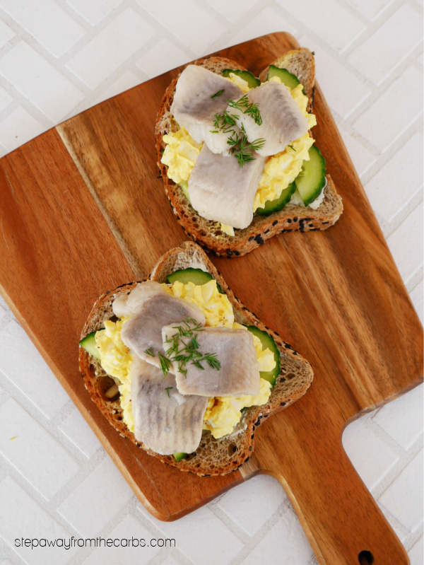 Low Carb Smørrebrød - a Scandinavian recipe with pickled herrings, egg salad, and cucumber on low carb bread!