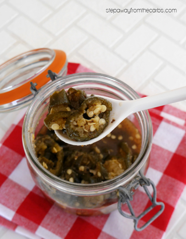Low Carb Candied Jalapeños - a sweet and spicy condiment that's sugar free and keto friendly!