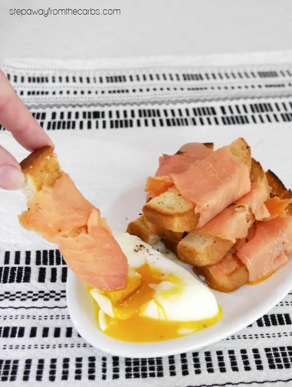 Low Carb Smoked Salmon Toast Sticks with Poached Eggs - a special keto-friendly brunch recipe
