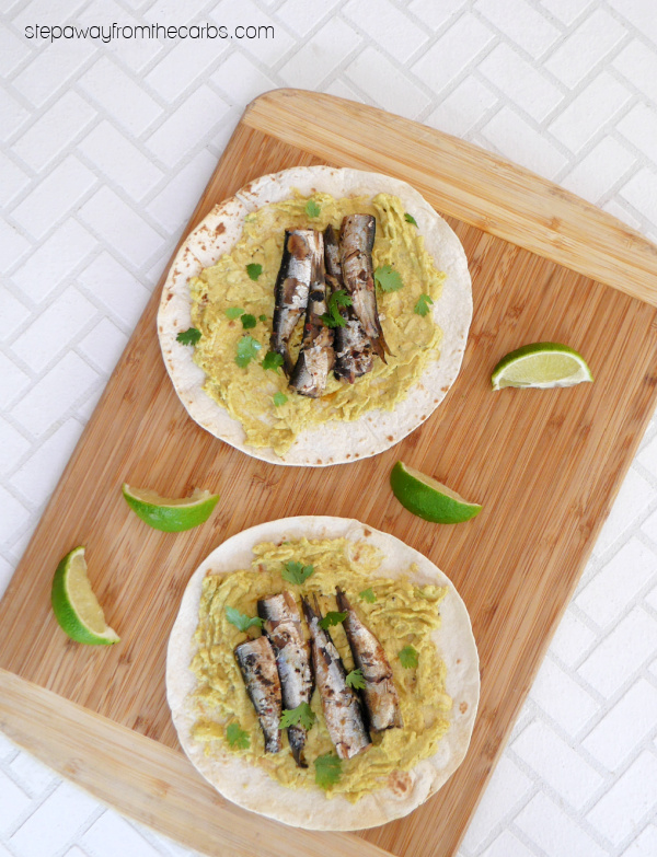 Low Carb Sardine Tostadas - a Mexican-inspired light meal with canned sardines, avocado, and low carb tortillas