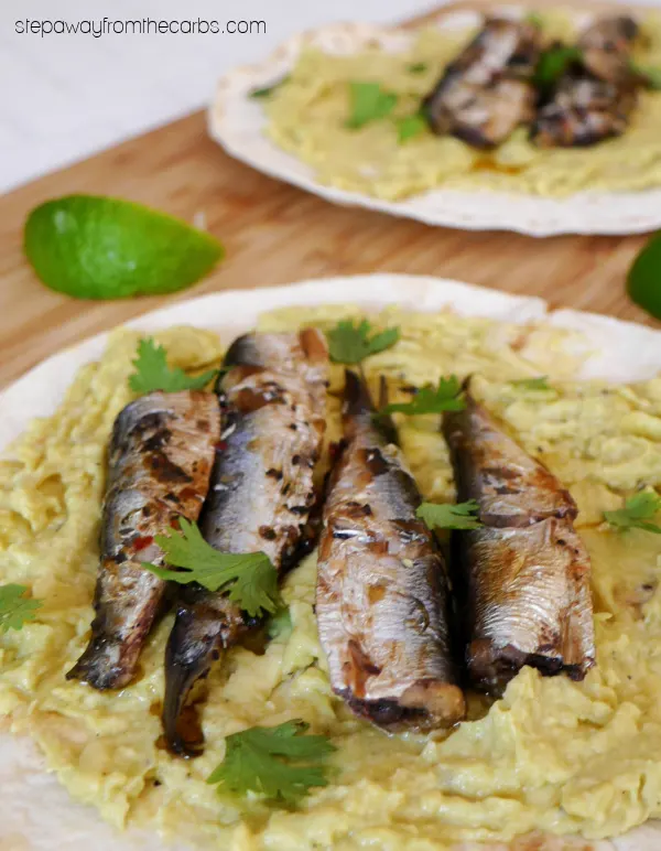 Low Carb Sardine Tostadas - a Mexican-inspired light meal with canned sardines, avocado, and low carb tortillas