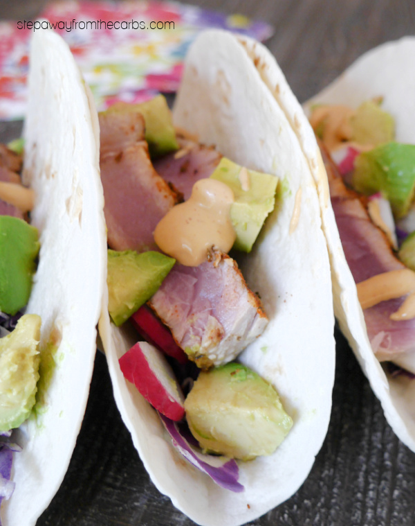 Low Carb Ahi Tuna Tacos - delicious soft tacos made with fresh tuna, veggies, and spicy mayo