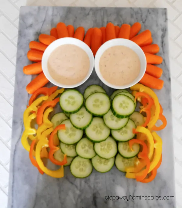 Owl Platter with Keto Chipotle Ranch Dip - a fun veggie dish for fall, Halloween, or any time of year!
